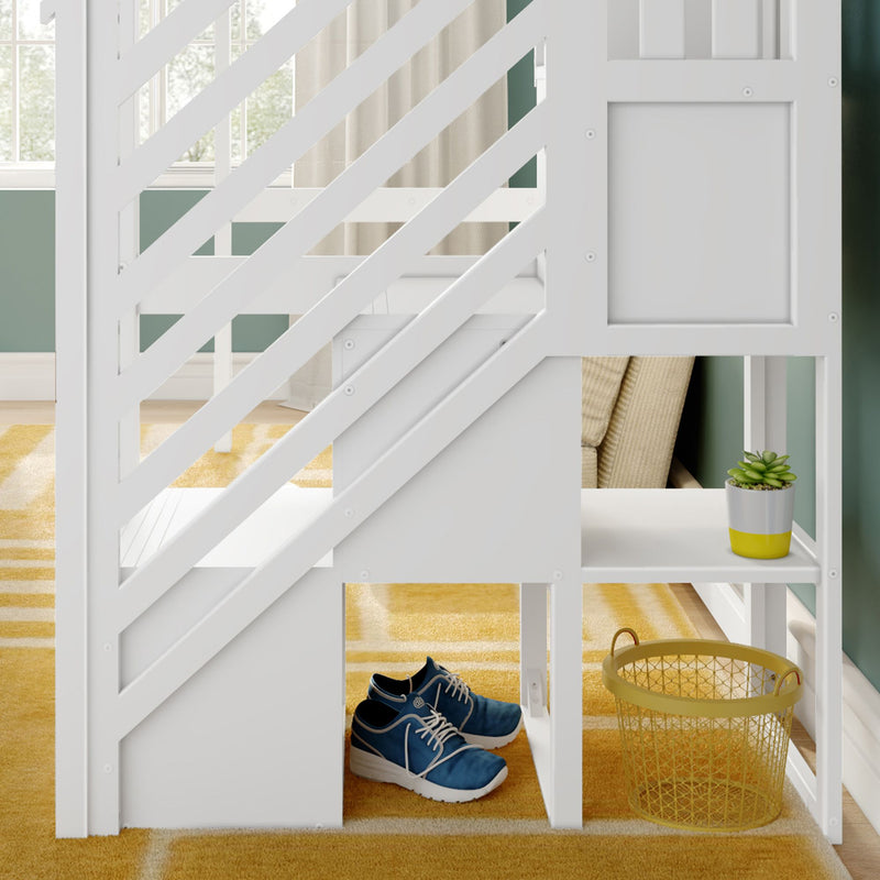 White kids loft bed with diagonal slatted railing and built-in under-bed storage shelves, blue sneakers, yellow wire basket, potted succulent on yellow striped rug by window