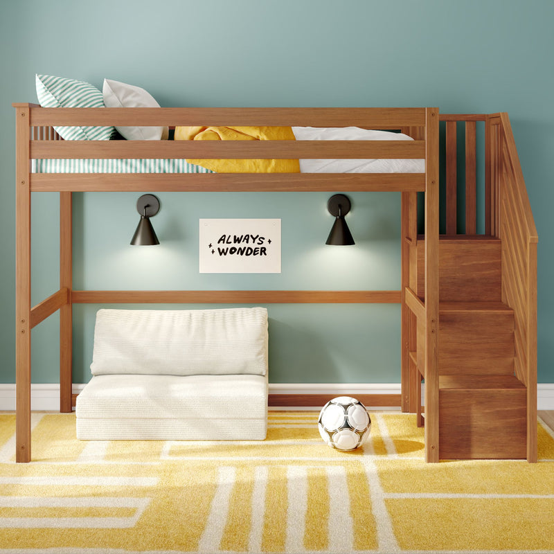 Kids wooden loft bed with stairs in modern children's bedroom, teal wall, yellow geometric rug, white floor cushion, soccer ball and black wall lamps creating a cozy play and reading nook