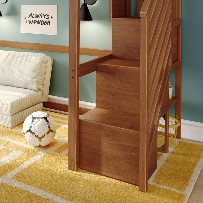 Wooden loft bed with built-in storage stairs in kids' room, yellow geometric rug, soccer ball and teal wall with "Always Wonder" poster