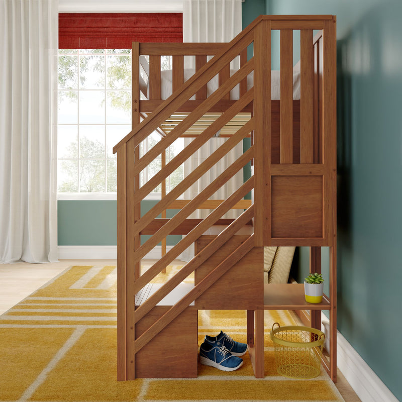 Wooden loft bunk bed with built-in staircase storage in modern kids' bedroom, yellow geometric rug, teal accent wall, large window, potted succulent and blue sneakers