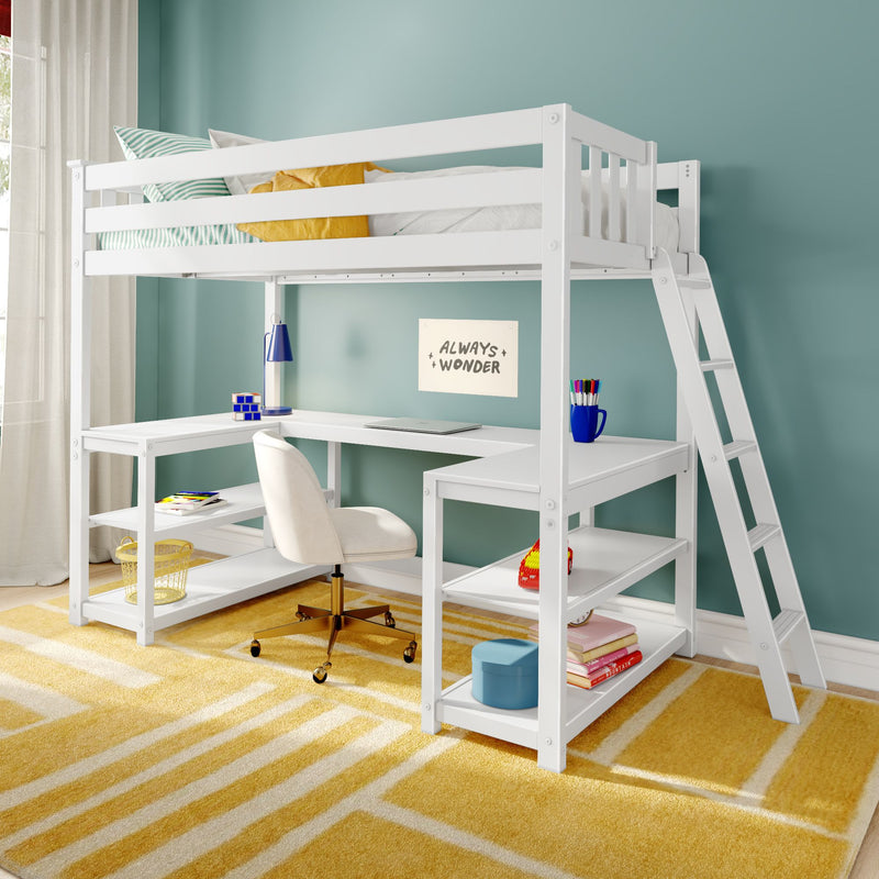 White wooden loft bed with built-in L-shaped desk, open shelving and ladder in a child's teal-walled bedroom with yellow geometric rug, swivel study chair and desk lamp