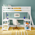 White loft bed with integrated L-shaped desk and shelves in children's room — teal wall, yellow striped rug, swivel chair and study lamp