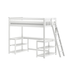 White wooden twin loft bed with ladder, built-in L-shaped desk and open shelves — space-saving kids' bedroom furniture