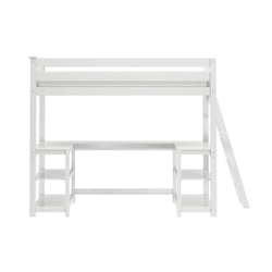 White wooden loft bed with integrated desk, open shelving and angled ladder — space-saving twin loft bed for kids or teens