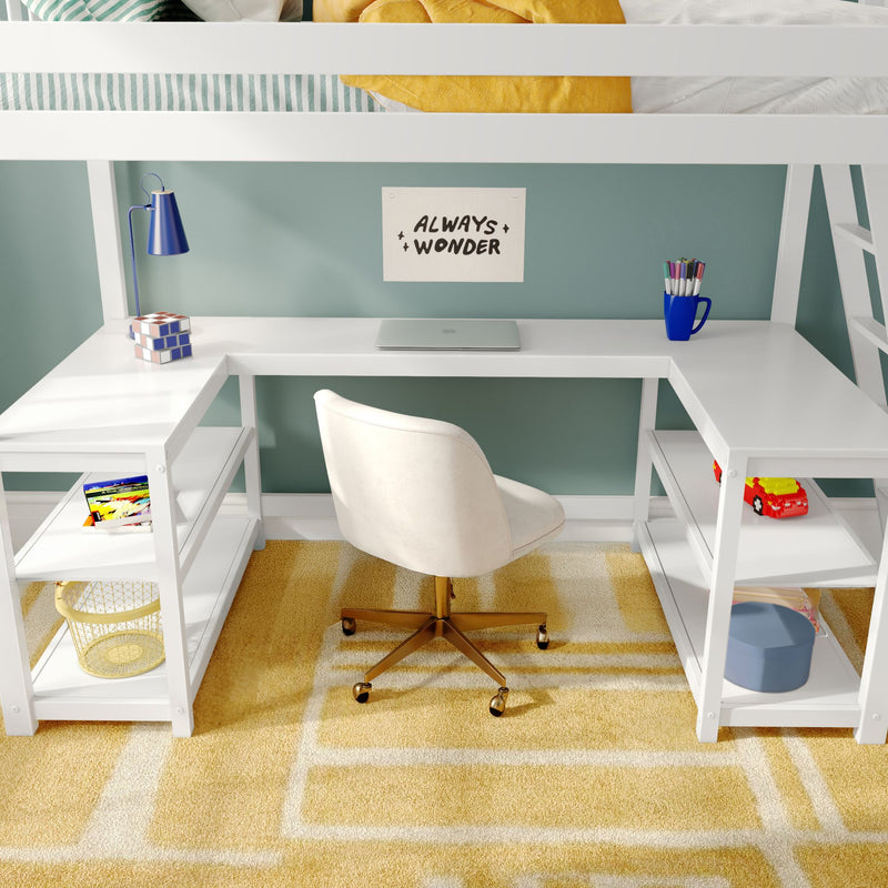 Kids loft bed study nook with white L-shaped desk, closed laptop, white swivel chair, blue desk lamp, "Always Wonder" wall print, stationery cup and yellow geometric rug