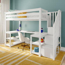 White loft bed with built-in L-shaped desk, storage stairs and swivel chair in a modern kids’ bedroom with teal wall and yellow geometric rug