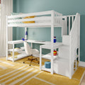 White loft bed with built-in L-shaped desk and staircase storage drawers against teal wall with yellow rug in modern kids' bedroom