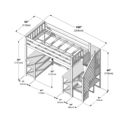 Twin loft bed with built-in staircase, desk and shelving — space-saving kids bedroom furniture with storage; dimensions 100" x 43" x 70" (254cm x 110cm x 177cm)