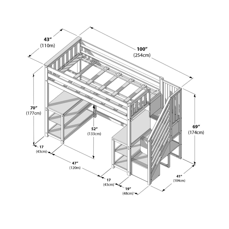 Twin loft bed with built-in staircase, desk and shelving — space-saving kids bedroom furniture with storage; dimensions 100" x 43" x 70" (254cm x 110cm x 177cm)