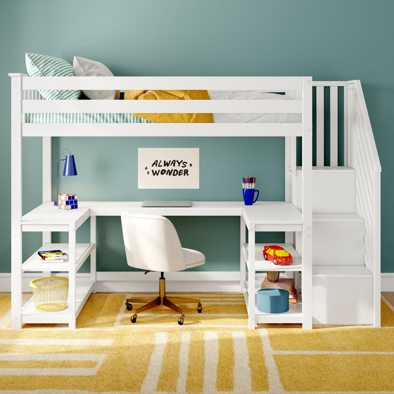 Modern white loft bed with built-in L-shaped desk, storage stairs and shelves in kids bedroom with teal wall, white swivel chair, blue desk lamp, toys and yellow rug