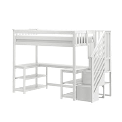 White wooden loft bed with built-in L-shaped desk, open shelving and staircase storage — space-saving kids' bedroom furniture