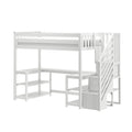 White loft bed with built-in L-shaped desk, open shelving and storage stairs, space-saving children's bedroom furniture