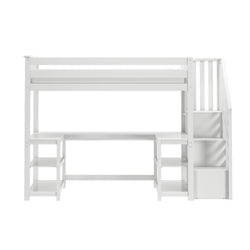 White wooden loft bed with built-in desk, open shelving and storage staircase — modern space-saving kids' bedroom furniture