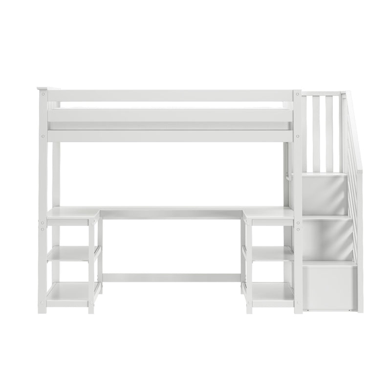 White wooden loft bed with built-in desk, open shelving and storage staircase — modern space-saving kids' bedroom furniture