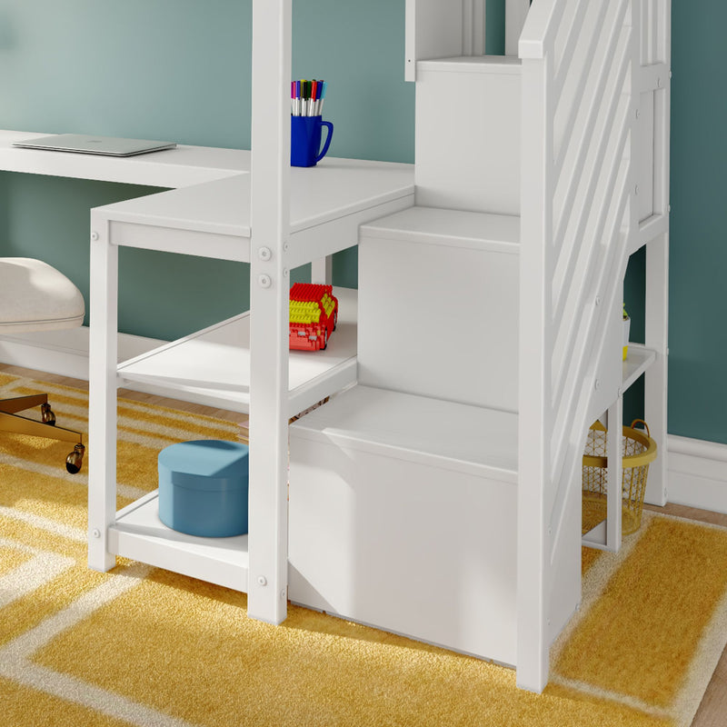 Modern white children's loft bed with built-in storage stairs and integrated desk, blue storage bin, pen holder, laptop, teal wall and yellow rug