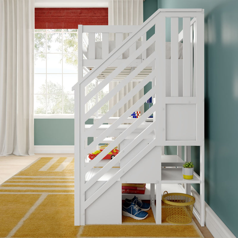 White loft bed with built-in stairs and storage shelves in modern kids' bedroom, teal accent wall, yellow rug, natural light, toys and sneakers