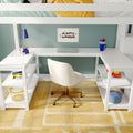 Children's study nook under white bunk bed with L-shaped desk, white swivel chair, laptop, blue task lamp, pen cup, Rubik's cube on yellow rug