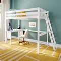 White loft bed with built-in desk and ladder in a modern children's bedroom, teal accent wall, yellow throw pillows and geometric yellow rug, study area with chair, lamp and school supplies
