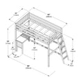 Isometric line drawing of a wooden twin loft bed with ladder and built‑in desk, annotated with dimensions and metric equivalents (98" x 43" footprint, 70" height).