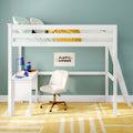 White children's loft bed with built-in desk and swivel chair, teal accent wall, striped bedding, yellow throw and geometric yellow rug