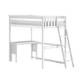 White wooden twin loft bed with angled ladder, built-in desk and storage shelves, space-saving kids bedroom furniture
