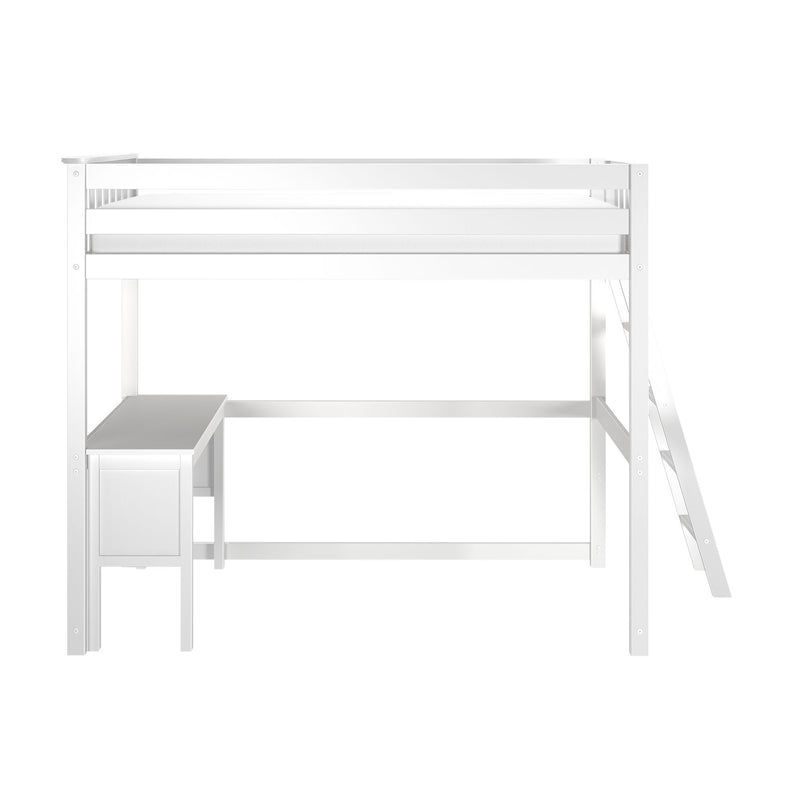 White wooden loft bed with ladder, built-in desk and storage cabinet — modern space-saving bunk bed for kids' bedroom