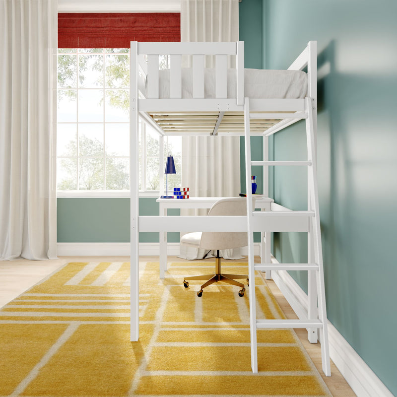 White loft bed with built-in desk and ladder in a modern kids' bedroom, teal accent wall, yellow geometric rug, large window with curtains and study lamp