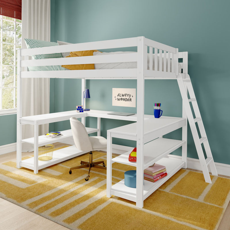White wooden loft bed with built-in L-shaped desk, open shelves and ladder in a modern kids' bedroom with teal wall, yellow geometric rug and study chair