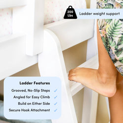White wooden bunk bed ladder with grooved no-slip angled steps, secure hook attachment, reversible left/right mounting and 200 lb weight capacity, shown with a child stepping on a rung — ideal kids bunk bed ladder.