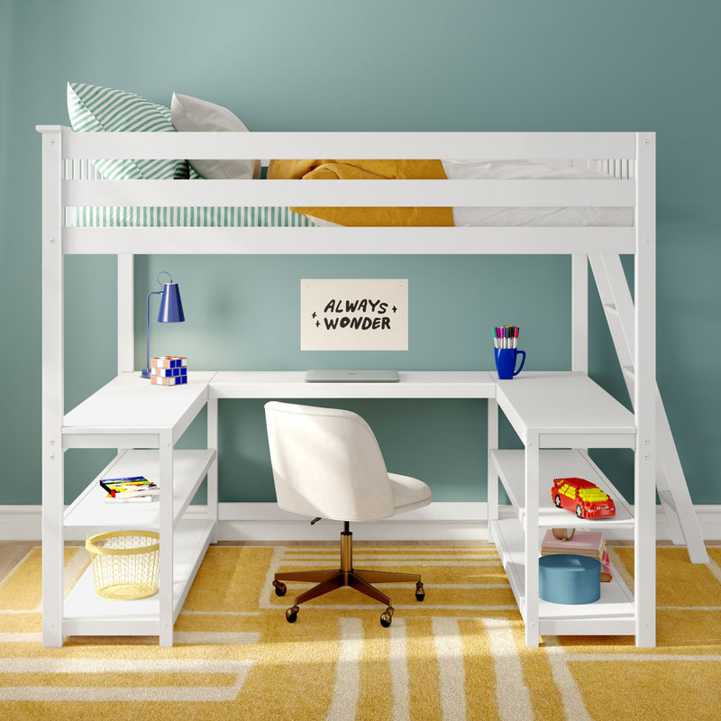 White loft bed with built-in L-shaped desk and open shelves, teal accent wall, yellow area rug and swivel chair, modern kids' study nook