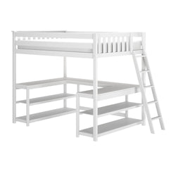 White wooden loft bed with angled ladder, integrated L-shaped desk and open shelving — space-saving kids bedroom furniture