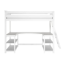 White wooden loft bed with built-in L-shaped desk, open shelving and angled ladder — space-saving twin loft bed for kids or small bedrooms