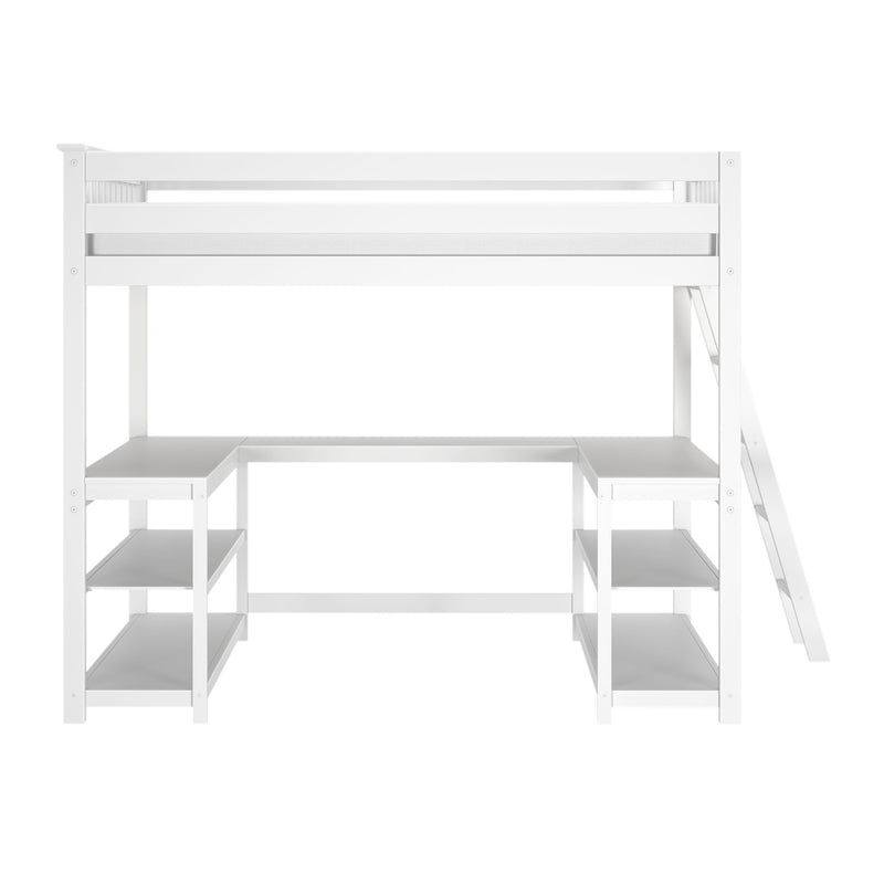 White wooden loft bed with built-in L-shaped desk, open shelving and angled ladder — space-saving twin loft bed for kids or small bedrooms