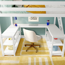 White loft bed desk combo with integrated L-shaped work desk and open shelves, white swivel chair on yellow geometric rug, teal wall, laptop and desk lamp