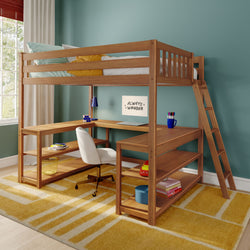Wooden loft bed with L-shaped desk, shelves and ladder in kids' room with teal wall and yellow geometric rug