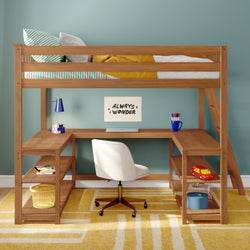 Wooden loft bed with built-in L-shaped desk and storage shelves, white swivel chair, blue desk lamp, toys and school supplies on yellow geometric rug against a teal wall