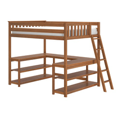 Wooden twin loft bed with ladder and integrated L-shaped desk and open shelves, space-saving oak-finish bed ideal for kids or teens' bedroom study area