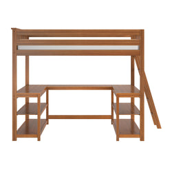 Wooden loft bed with built-in L-shaped desk and open shelving, ladder on right, space-saving study loft in natural wood finish for kids and teens