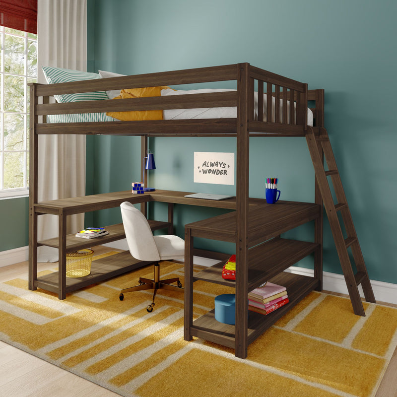 Dark wood loft bed with built-in desk and ladder in a children's turquoise bedroom, styled workspace with white swivel chair, blue desk lamp, striped pillow and yellow throw on the top bunk over a yellow geometric rug