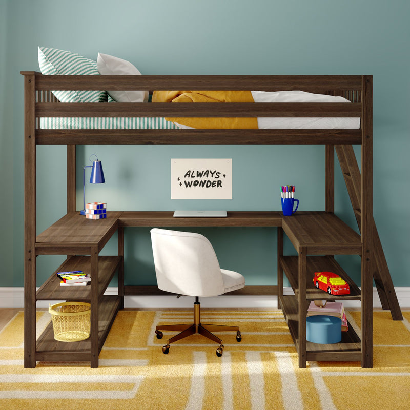 Modern wooden loft bed with integrated L-shaped desk and storage shelves, white swivel chair, blue desk lamp, toy car and yellow rug in a kids' bedroom