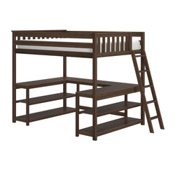 Dark brown wood twin loft bed with ladder, integrated L-shaped desk and multiple open shelves for storage — space-saving kids' bedroom furniture