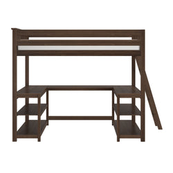 Dark walnut twin loft bed with integrated L-shaped desk, ladder and open shelving, space-saving bedroom furniture for small rooms