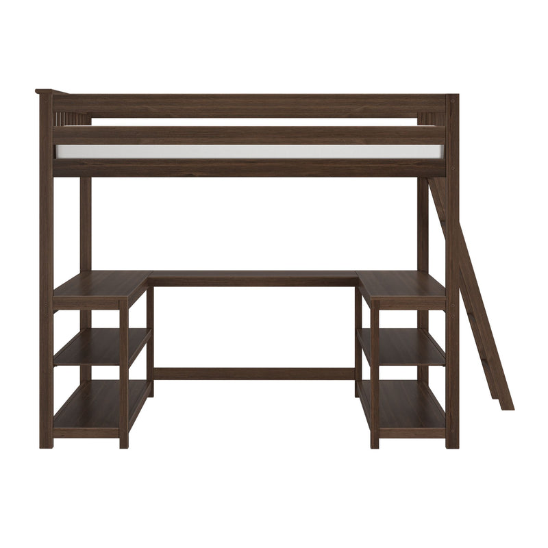 Dark walnut twin loft bed with integrated L-shaped desk, ladder and open shelving, space-saving bedroom furniture for small rooms