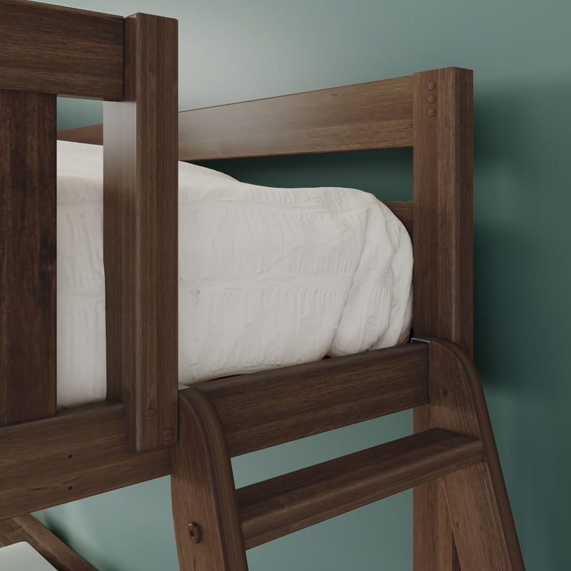 Close-up of solid wood loft bunk bed in dark walnut finish with ladder and white comforter against a teal bedroom wall