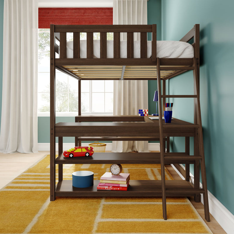 Modern wooden loft bed with built-in desk and ladder in a bright kids' bedroom with teal walls, white curtains, yellow rug, toy car, blue desk lamp, stationery and books