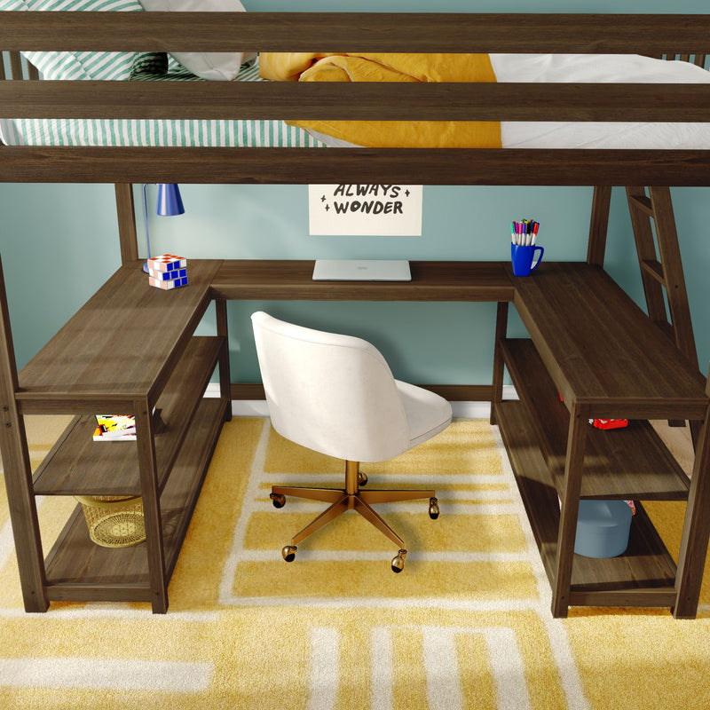 Loft bed with built-in L-shaped desk and white swivel chair, laptop, desk lamp, pen cup and Rubik's Cube in a modern kids' bedroom with teal wall, striped bedding and yellow rug