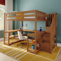 Modern solid wood loft bed with built-in L-shaped desk and staircase storage in a children's teal bedroom with yellow striped rug