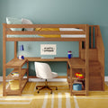 Wooden kids loft bed with built-in desk and stairs, study nook with white swivel chair, teal wall, striped pillow and yellow blanket