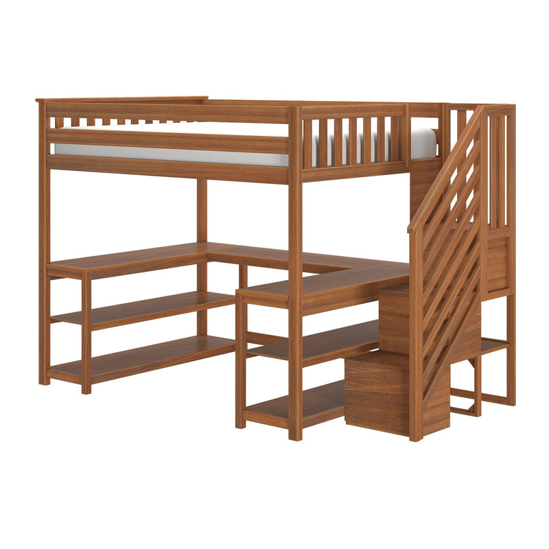 Solid wood loft bed with built-in staircase and open shelving in natural oak finish — modern single loft bed for kids' bedroom