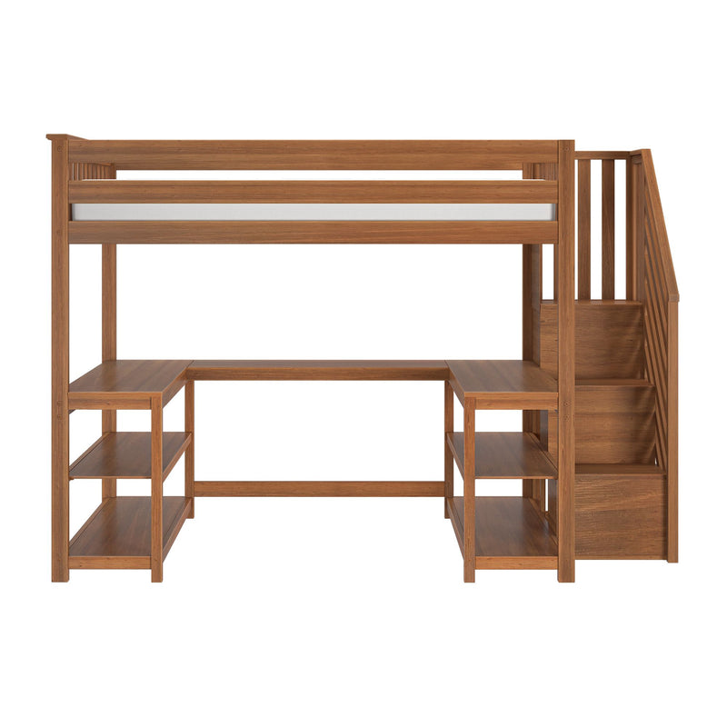 Solid wood loft bed with built-in desk, staircase and open shelving — space-saving modern bunk bed ideal for kids' bedrooms and small spaces